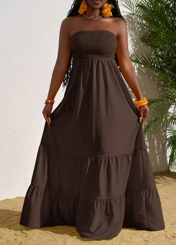 Vibrant Strapless Pleated Multi layered Full Skirt Dress, Women's Sleeveless Long Resort Style Dress Brown - Shop at LoveMi