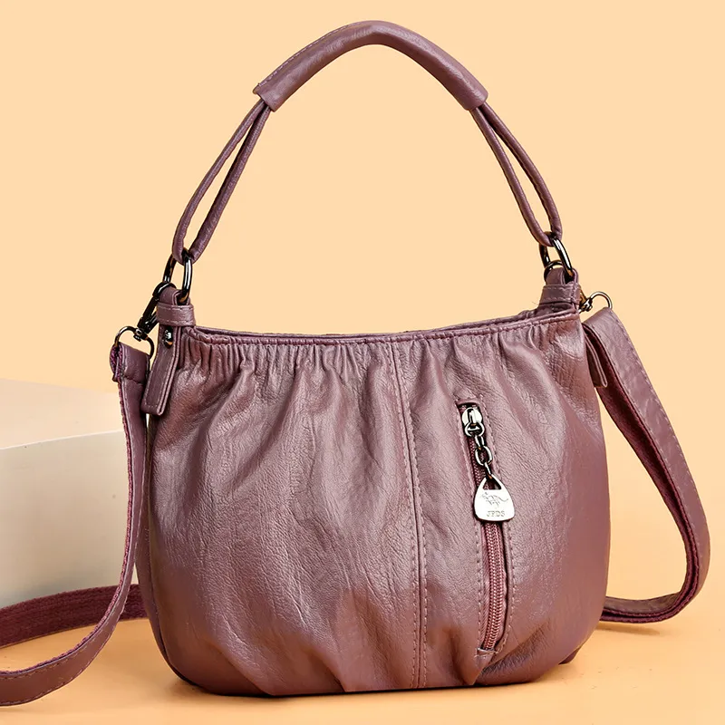 Retro Pleated Design Bucket Bag Fashion All-match Shoulder Messenger Bags For Women Handbag - Purple