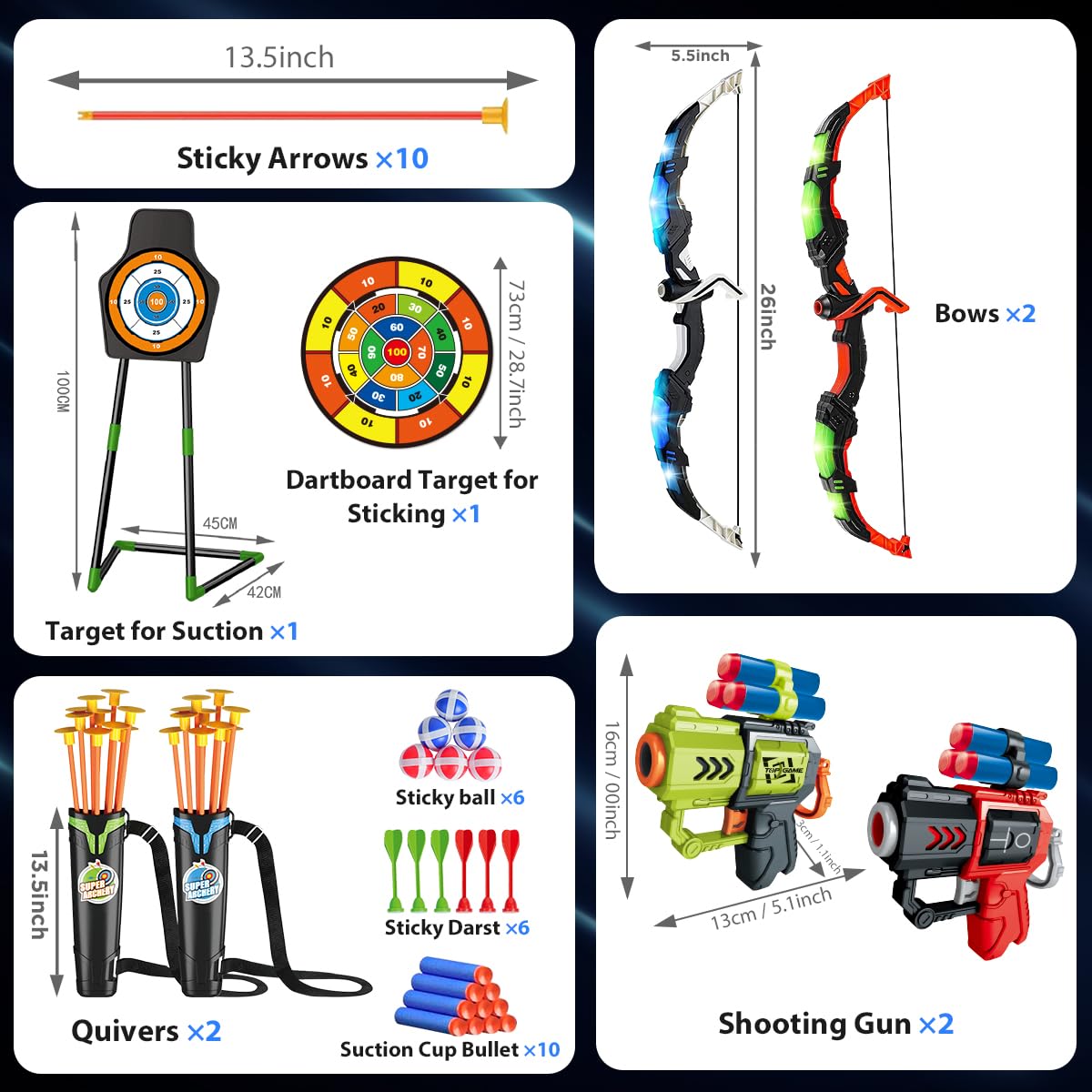 VATOS 2 Pack Bow And Arrow Toy With LED Light-4 In 1 Archery & Dart Game Set With 20 Suction Cup Arrows, Shark Glow Target & Dart Board - Indoor Outdoor Birthday Gift For Kids Boys Girls Ages 5-12