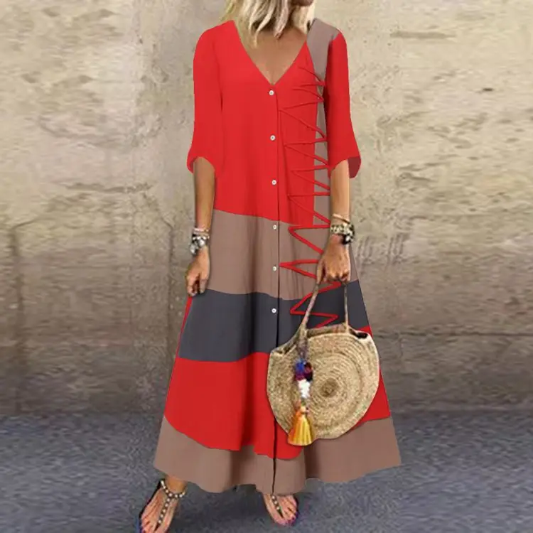 V-Neck Short Sleeve Printed Long Dress