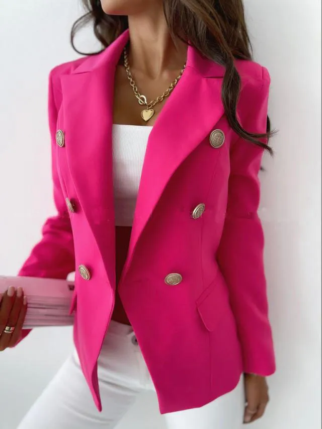 Double breasted Solid Color Commuter Slim Suit Short Coat Rose Red - Shop at LoveMi
