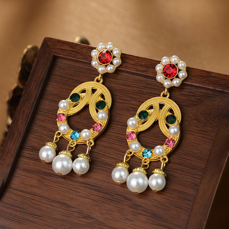 S925 Silver Needle Vintage Enamel Earrings Women Colorful Rhinestone Stud Earrings Elegant Fashion Jewelry Gift