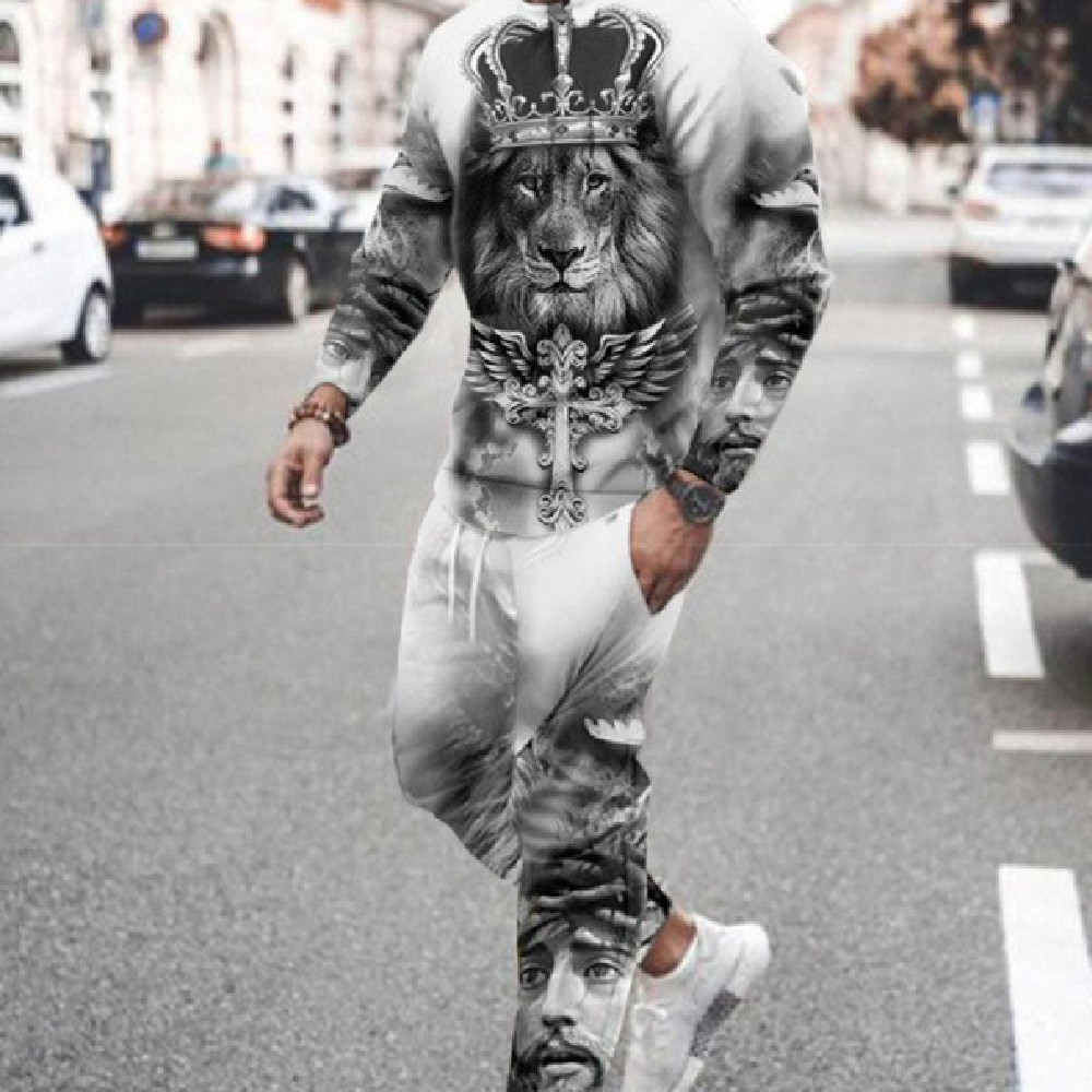 3d Digital Printing Crew Neck Sweater Sports Trousers Suit