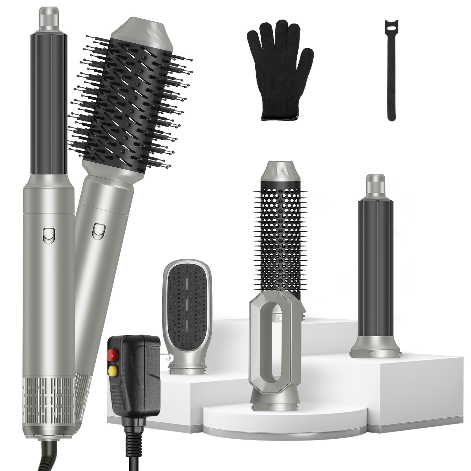 6 In 1 Hot Air Styler Volumizer Straightener Curler Dryer Automatic Wrap Styler Hair Dryer Brush Set With 3 Temp Settings ALCI Plug Glove Cable Zip... Silver - Shop at LoveMi