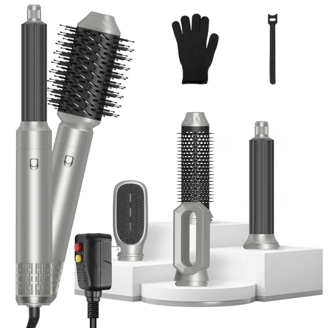 6 In 1 Hot Air Styler Volumizer Straightener Curler Dryer Automatic Wrap Styler Hair Dryer Brush Set With 3 Temp Settings ALCI Plug Glove Cable Zip... Silver - Shop at LoveMi