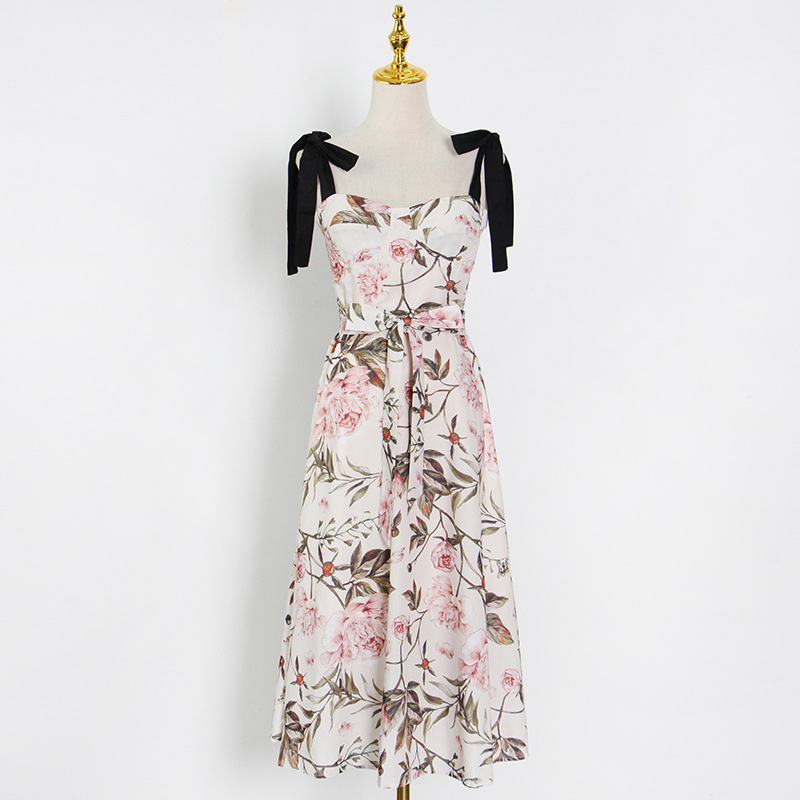 Lace-up Sling Printed Printed And Dyed Waist Dress