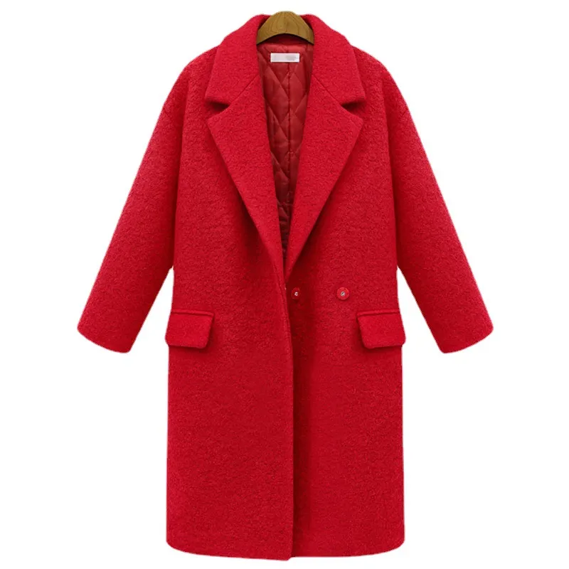 Women's Suit Collar Solid Color Padded And Cotton Woolen Coat - Red