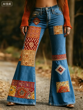 Fashion Retro Printed Flared Pants, Women's Jeans