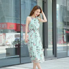 Sleeveless Suspender Floral Chiffon Dress For Women - Green - View 1