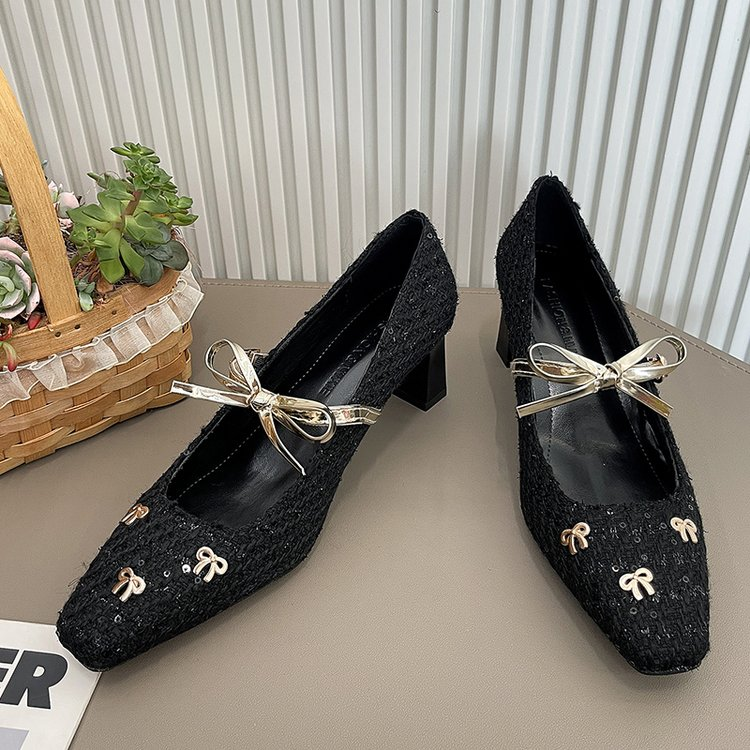 2026 New Women's Square Toe Bowknot Woven Mary Jane Chunky Heel Pumps