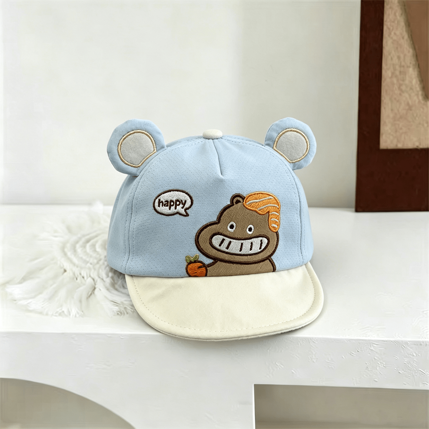 Three-dimensional Round-ear Cartoon Baby Hippopotamus Soft Brimmed Baseball Cap With Letters Happ  For Casual Sun Protection