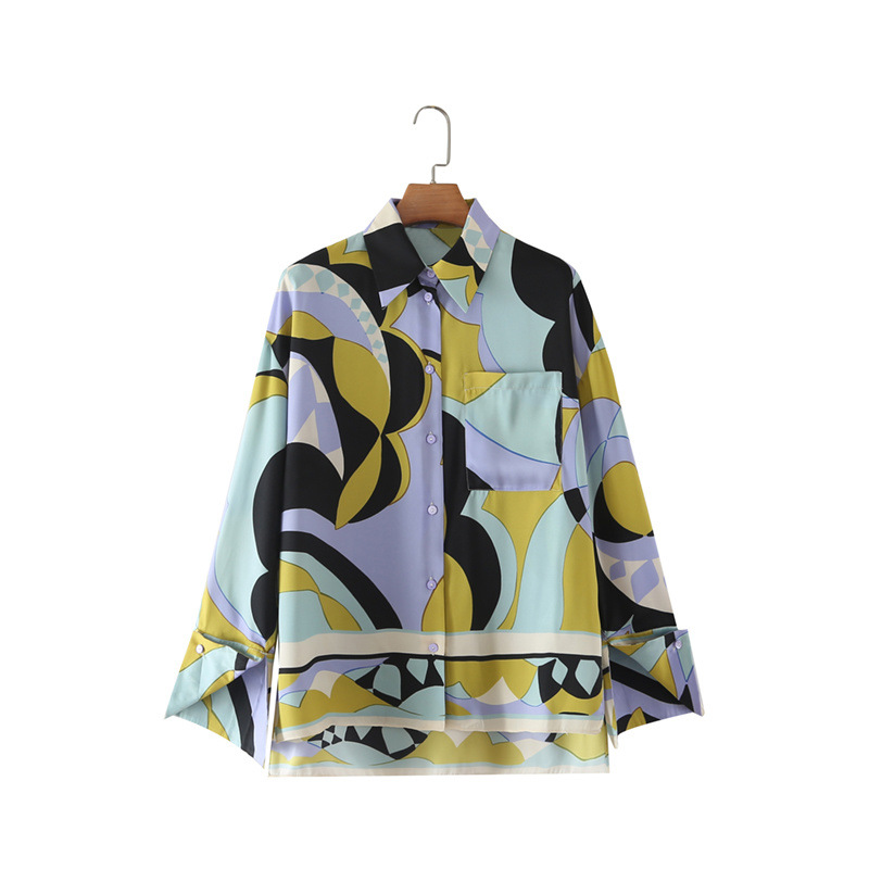 Women's Lapel Long Cuff Shirt High Waist Wide Leg Pants Print Set