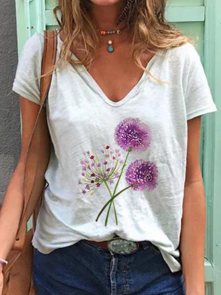 Title 3, Dandelion Print Short-sleeved V-neck T-shirt