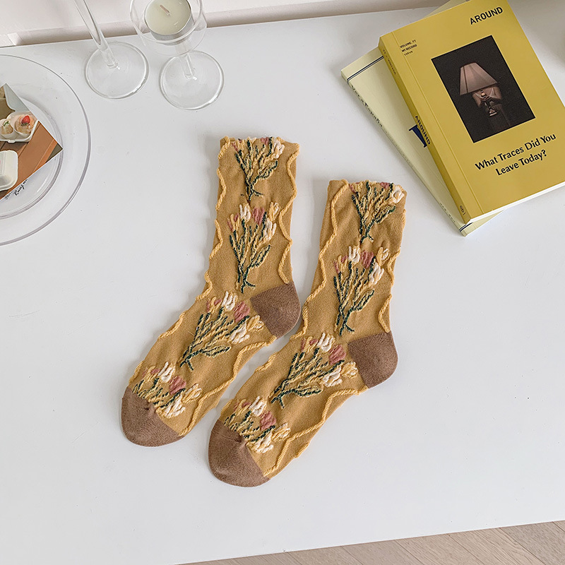 One-piece Mechanism Boneless Stitching Vintage Mori System Gold Color System Text Mid-thigh Women's Socks