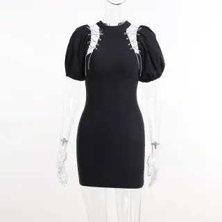 Cutout Off Shoulder Puff Sleeve Dress - Black
