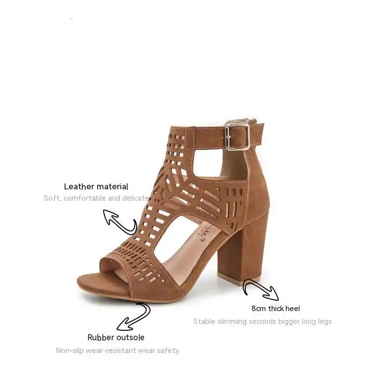 Large Size Thick Heel High Heel Hollow Peep Toe Sandals For Women