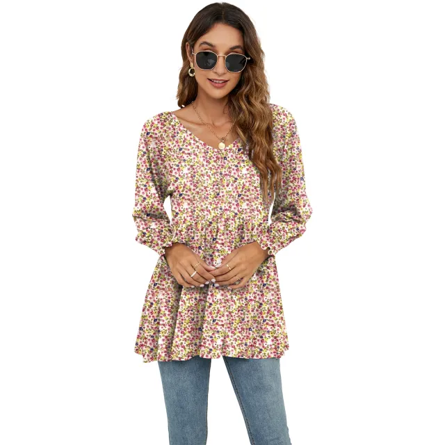 Long Puff Sleeve Tops Women Flowers Print Casual V Neck Blouse T Shirts Babydoll Tops No.6 Flower M - Shop at LoveMi