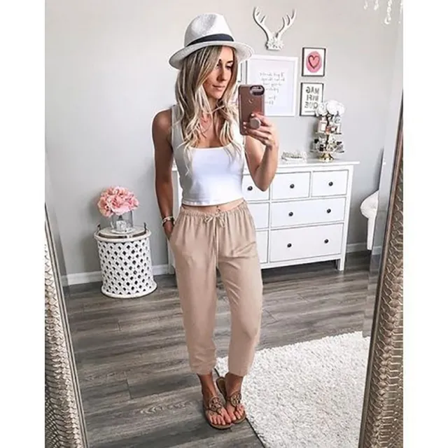 Lace Up Cropped Low Rise Slacks Khaki - Shop at LoveMi