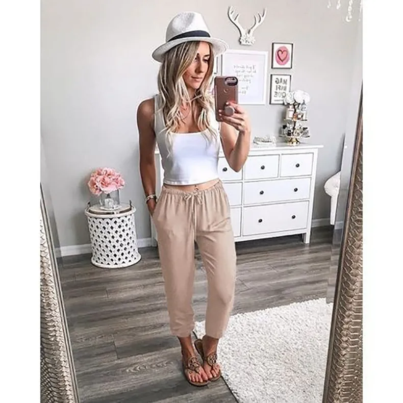 Lace-Up Cropped Low-Rise Slacks - Khaki