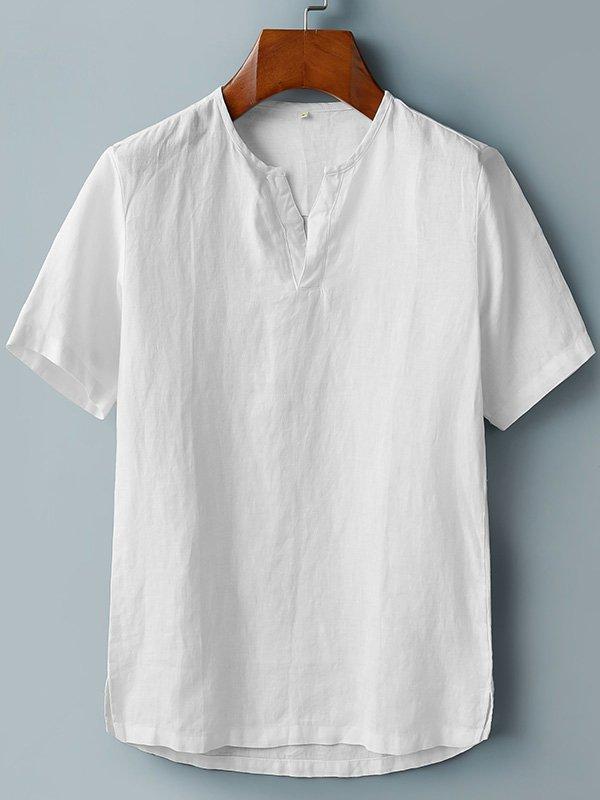 Youth Collarless Spot Linen And Cotton Ordinary Solid Color Men's Shirt