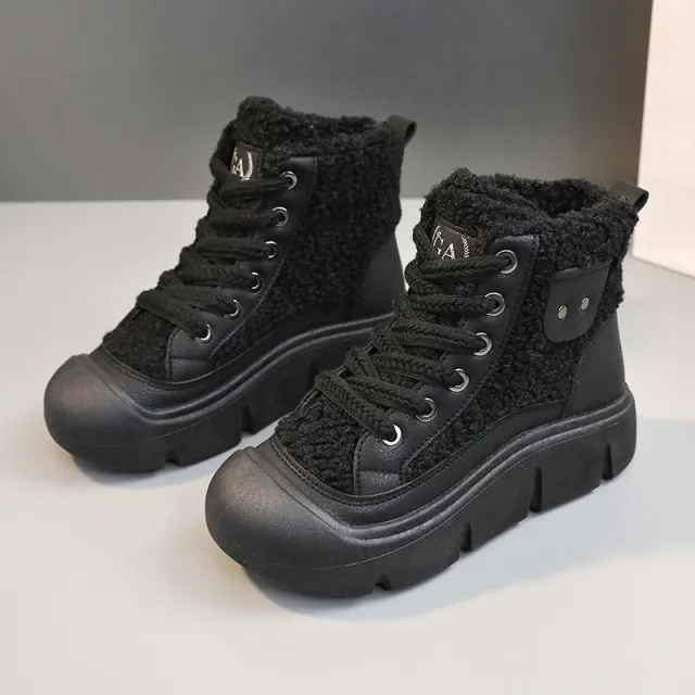 Lace up High top Flat Shoes For Women Winter Warm Cashmere Snow Boots Fashion Street Campus Students Height Increasing Shoes Black - Shop at LoveMi