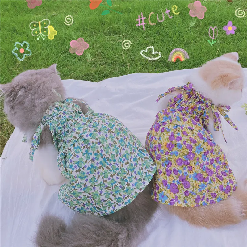 Spring Floral Lavender Pet Sling Skirt Hat Cute Sunscreen Anti-hair Thin Clothes