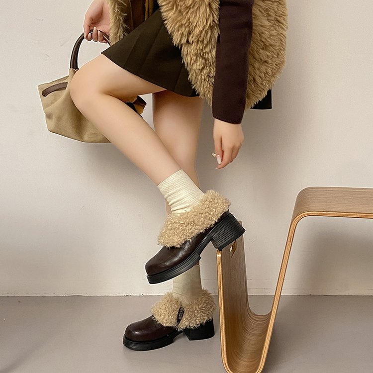 New AW Women's Chunky Heel Mary Jane Flats Warm Plush Lining, SlipOn, Cozy Chic