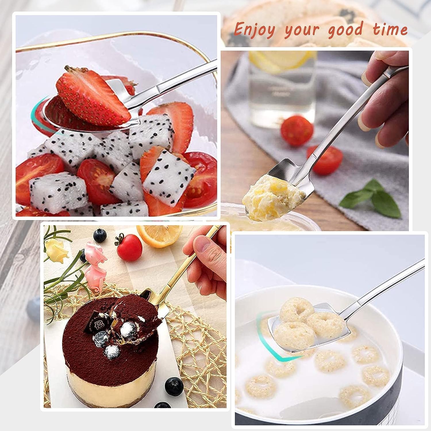 4-Piece Shovel Shape Dessert Spoon Set. The package comes with 4pcs dessert spoons, including 2pcs pointed shovel-shaped spoons pointed and 2pcs shovel shape spoons. Made of high-quality food-grade stainless steel, sturdy, durable and corrosion resistant.