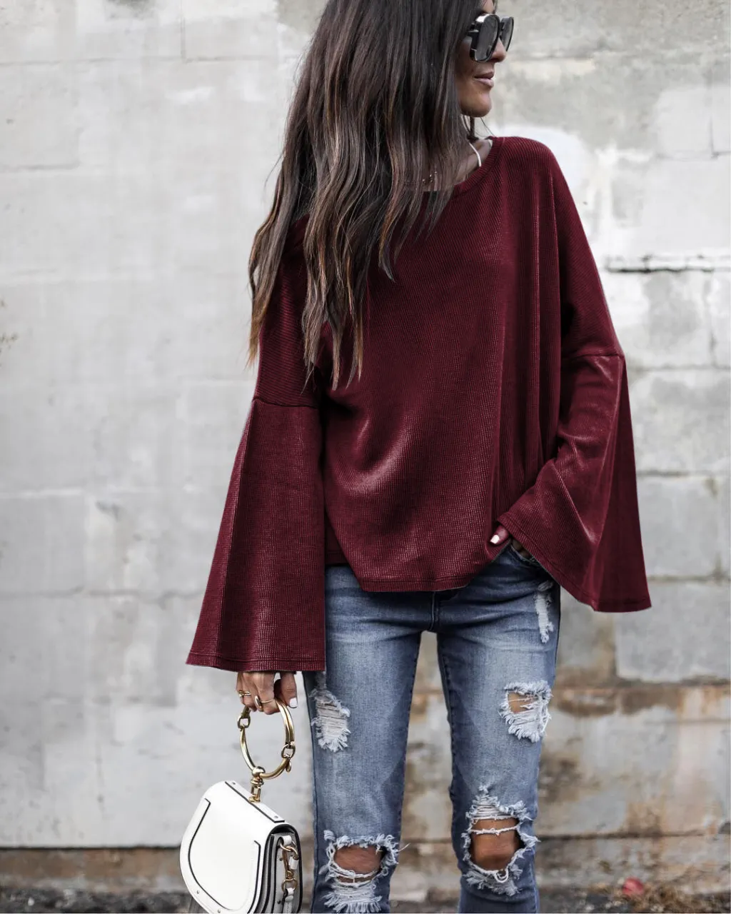 Fashionable European And American Women's Trumpet Sleeve Fashion Blouse - Wine