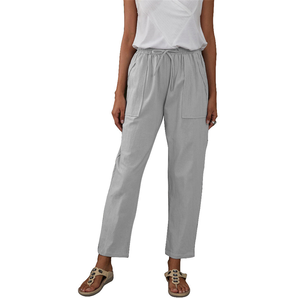 Solid Color Big Pockets Elastic Waist Cotton Linen Loose Ladies