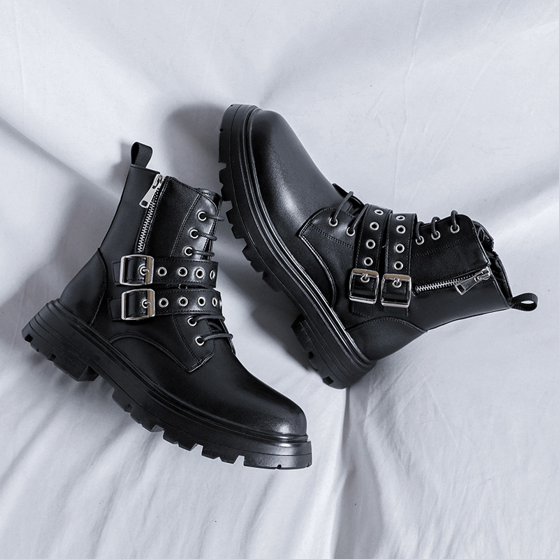 Round Head High Top Medium Thick Bottom Men's Middle Heel Side Zipper Martin Boots