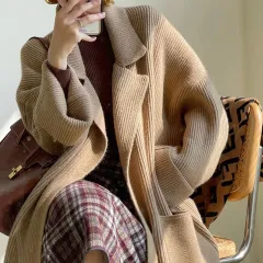 Alpaca Coffee Wool Sweater, Coffee Knit Sweater, Hand Knitted Friendly Slim Coat, Leisure Cosy Sweater, Boho Women Sweater - Khaki - View 1