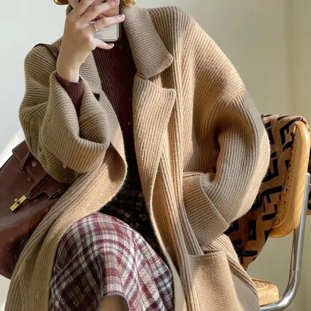 Alpaca Coffee Wool Sweater, Coffee Knit Sweater, Hand Knitted Friendly Slim Coat, Leisure Cozy Sweater, Boho Women Sweater Khaki - Shop at LoveMi