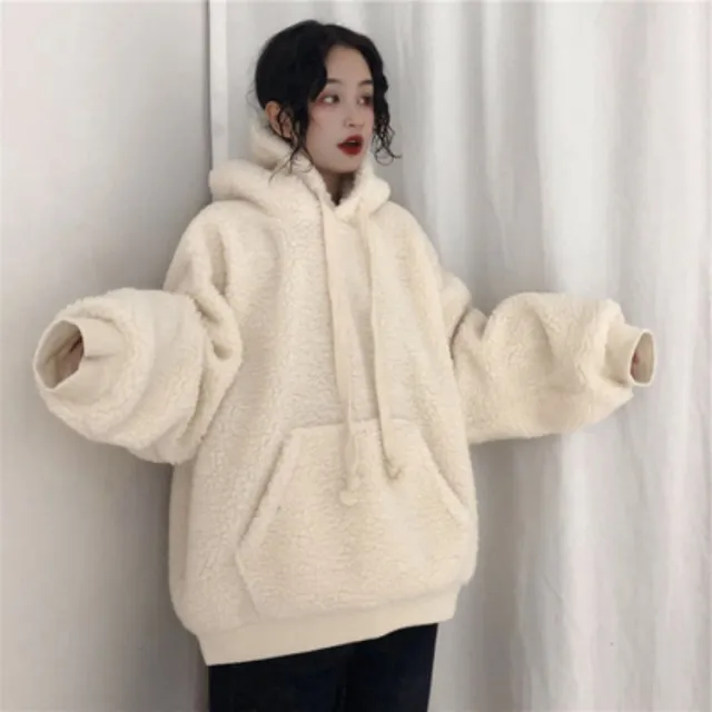 Hooded Plus Fleece Sweater Version Imitation Lambskin White - Shop at LoveMi