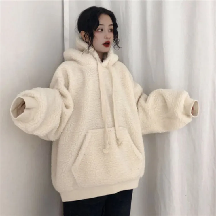 Hooded Plus Fleece Sweater Version Imitation Lambskin - White