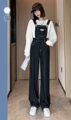 Denim Overalls, Straight Loose, Wide-leg Women's Trousers - Dark Blue - View 1