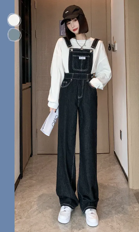 Denim Overalls, Straight Loose, Wide leg Women's Trousers Dark Blue - Shop at LoveMi