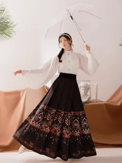Ming-made Stand-up Collar Blouse And Pleated Skirt Art - Tan - View 1