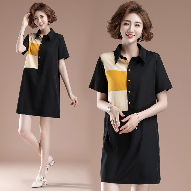 Sleeve Lapel Buttoned Contrast Stitching Dress