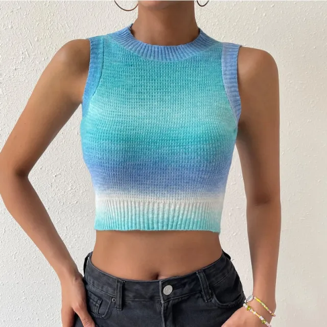 Sexy Big Backless Tie dyed Navel exposed Slim fit Knitted Top Women Blue - Shop at LoveMi