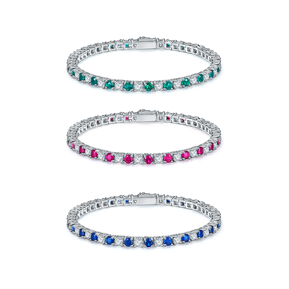 S925 Sterling Silver 3x3mm Lab-Grown Gemstone Tennis Bracelet For Women 16.5cm 8.6g Red Blue Green Options Platinum Plated Gift Box