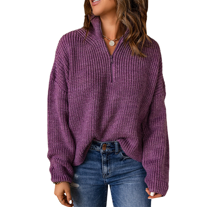 Autumn And Winter Zipper Stand up Collar Thick Sweater For Women Lc2722225 Puple - Shop at LoveMi