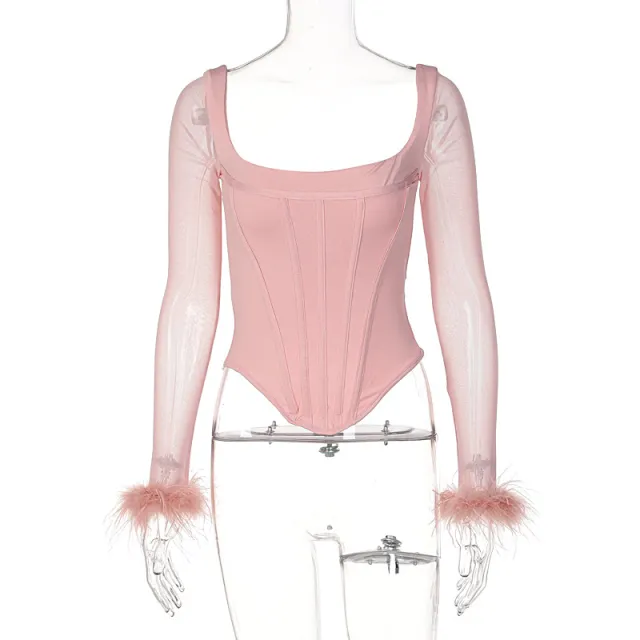 Square Neck Fur Patchwork Long sleeved Mesh Perspective T shirt Top Pink - Shop at LoveMi