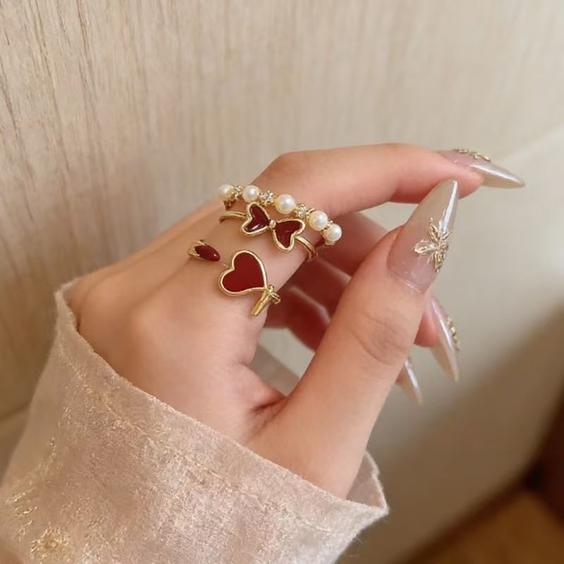 2026 Horse Year Fortune Ring For Women, Light Luxury Vintage Bow Open Ring, Birth Year Red Limited Edition Index Finger Ring, Single Piece 3-Piece Set