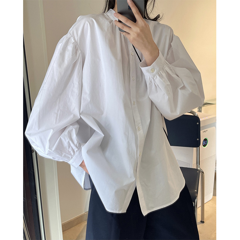 Style French Small Stand Collar Shirt Lantern Sleeves Loose And Thin Top Women