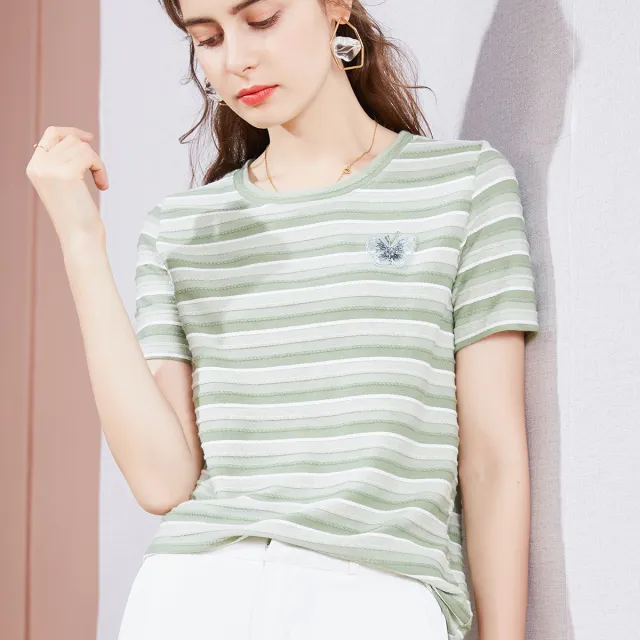 Striped T shirt Round Neck Butterfly Embroidered Short Sleeve T Shirt Women Women Red - Shop at LoveMi