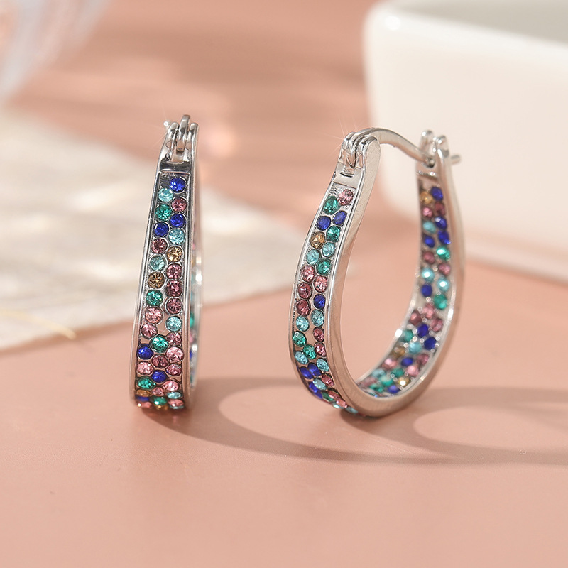 Colorful Crystal Turquoise Color Hoop Earrings Silver Tone Brass Women Party Fashion Jewelry Elegant Versatile 8