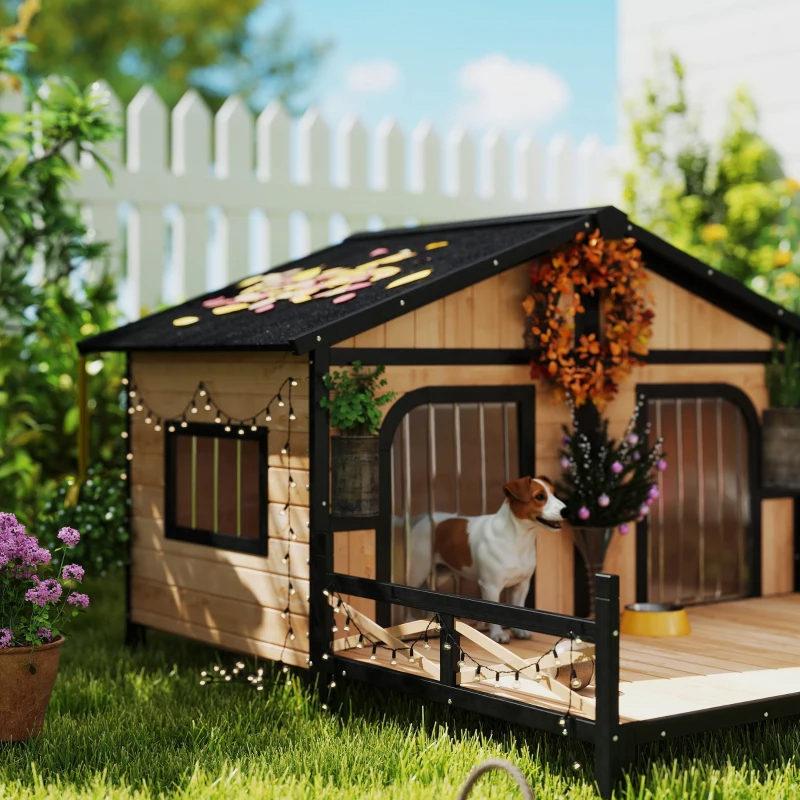 Dog House Outdoor, Wooden Dog Kennel Weatherproof With Porch, Openable Roof, Removable Bottom, Elevated Floor, Double Room For 2 Small To Medium Breeds, Natural
