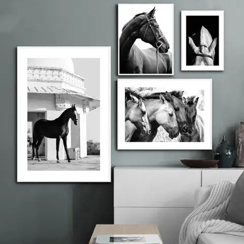 Black and White Animal Horse Canvas Painting Modern Wall