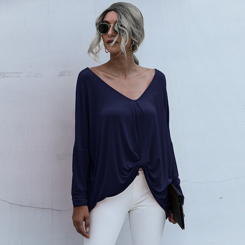 European And American Women's V-neck Stitching Short Front And Long Back Long Bat Long Sleeves